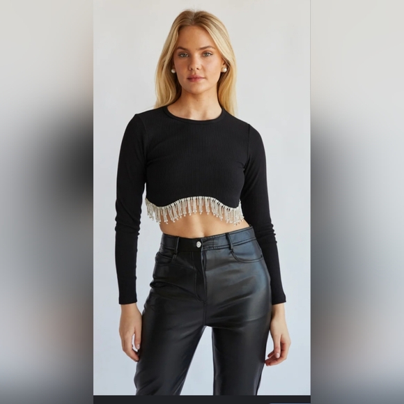 Sincerly Jules Tops - Sincerely Jules Black Crop Top with Beaded Fringe